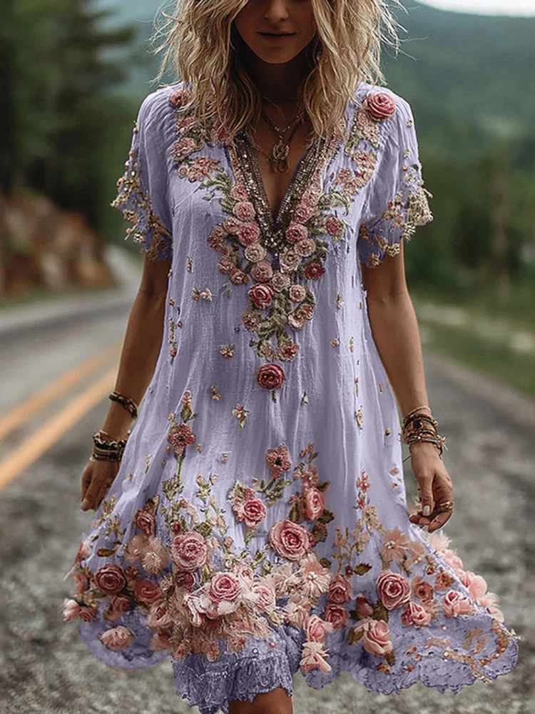 Ruby – Blossom bestickte V-Ausschnitt Kleid