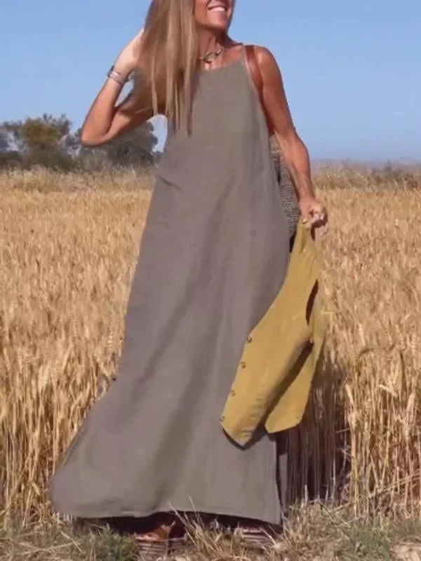 Lässiges langes Kleid aus Baumwolle und Leinen für Damen