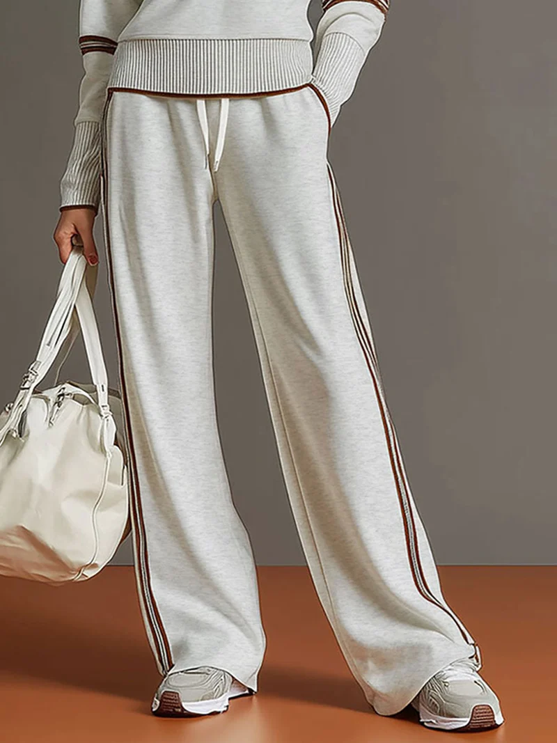 Vintage-inspirierter grauer und weißer Halbzip-Sweatshirt mit weitem Hosen-Set