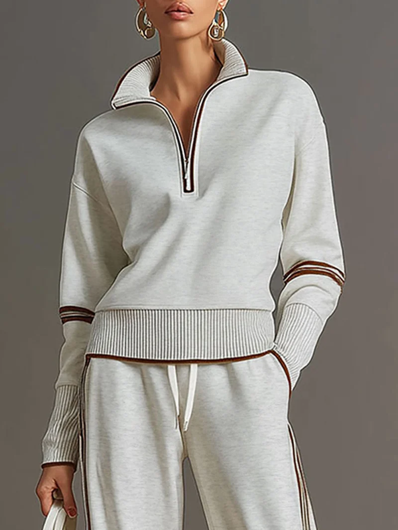 Vintage-inspirierter grauer und weißer Halbzip-Sweatshirt mit weitem Hosen-Set