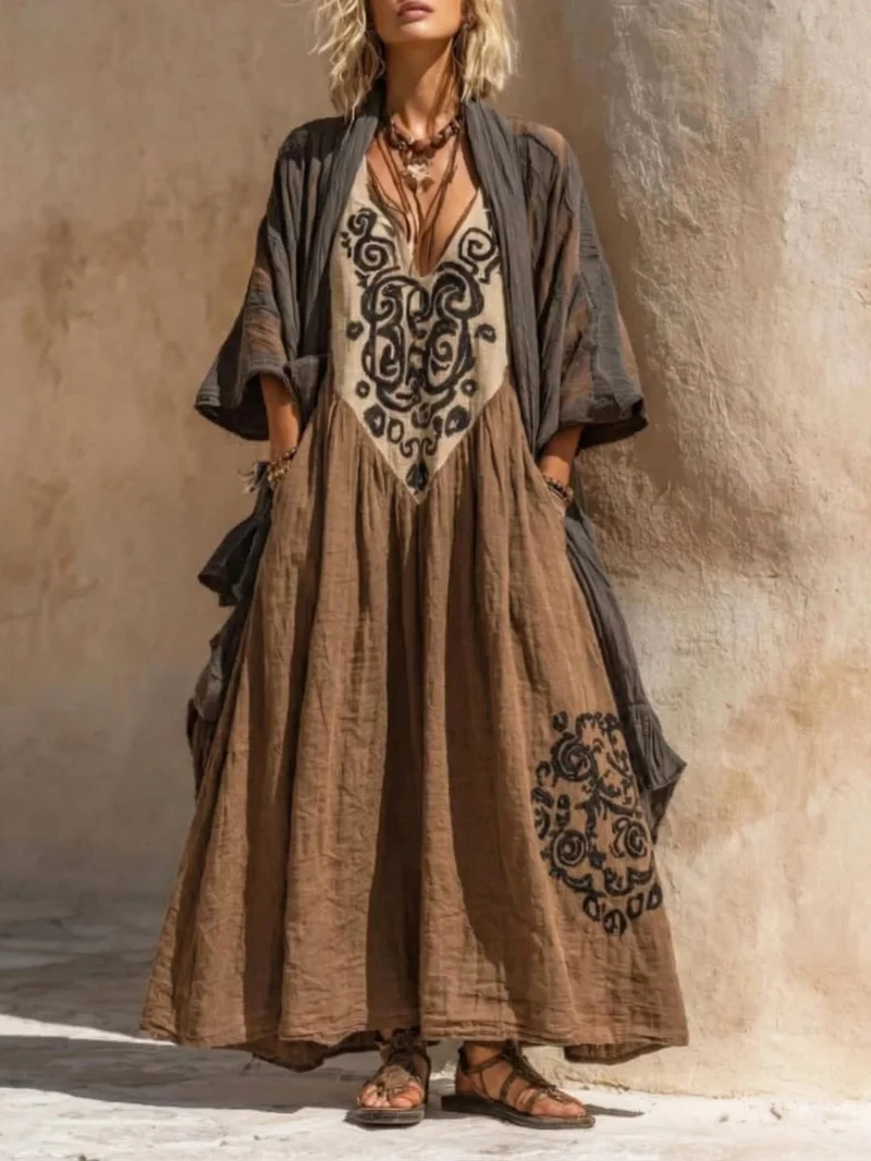Entspanntes Bohemian Leinen-Baumwoll-Zweiteiler-Outfit