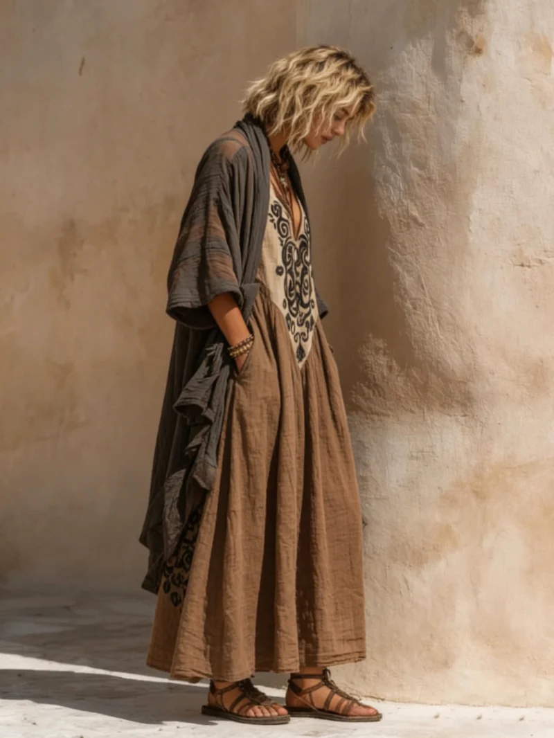 Entspanntes Bohemian Leinen-Baumwoll-Zweiteiler-Outfit