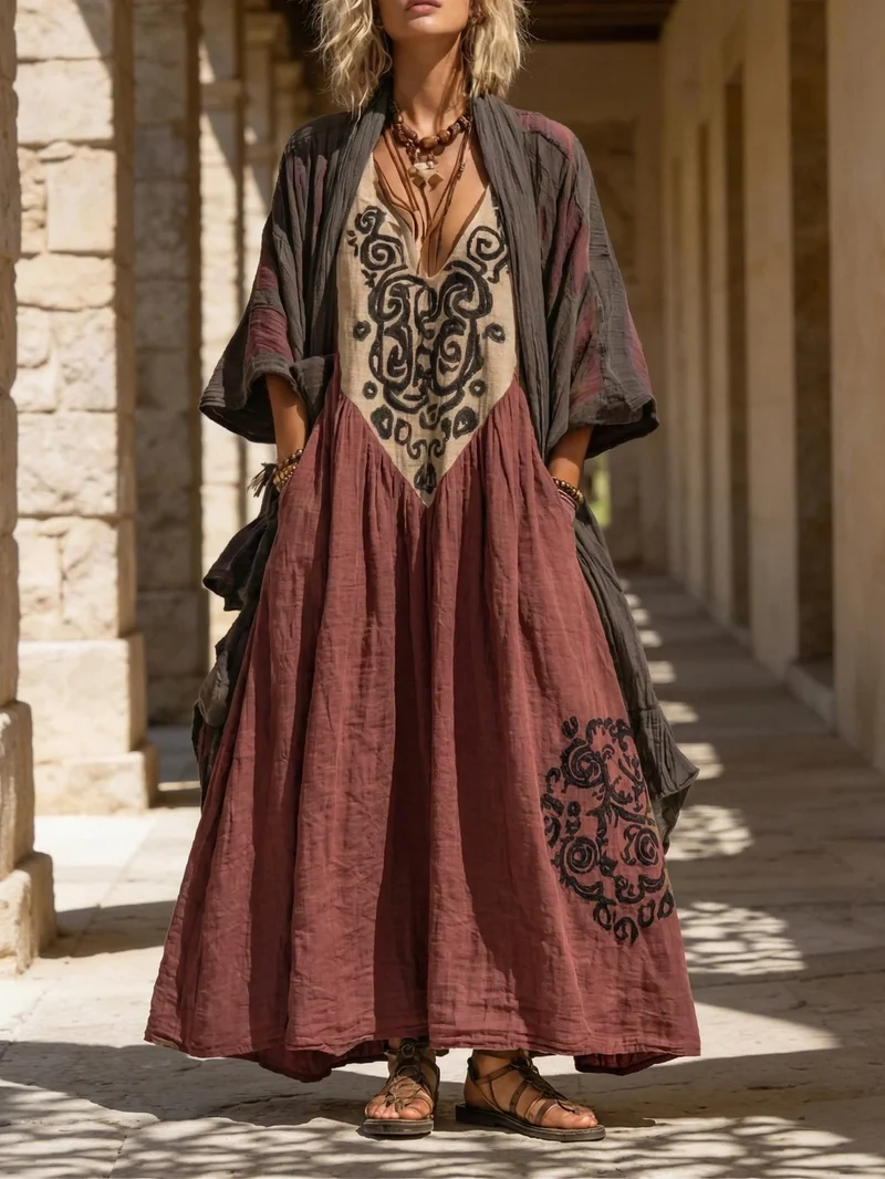 Entspanntes Bohemian Leinen-Baumwoll-Zweiteiler-Outfit