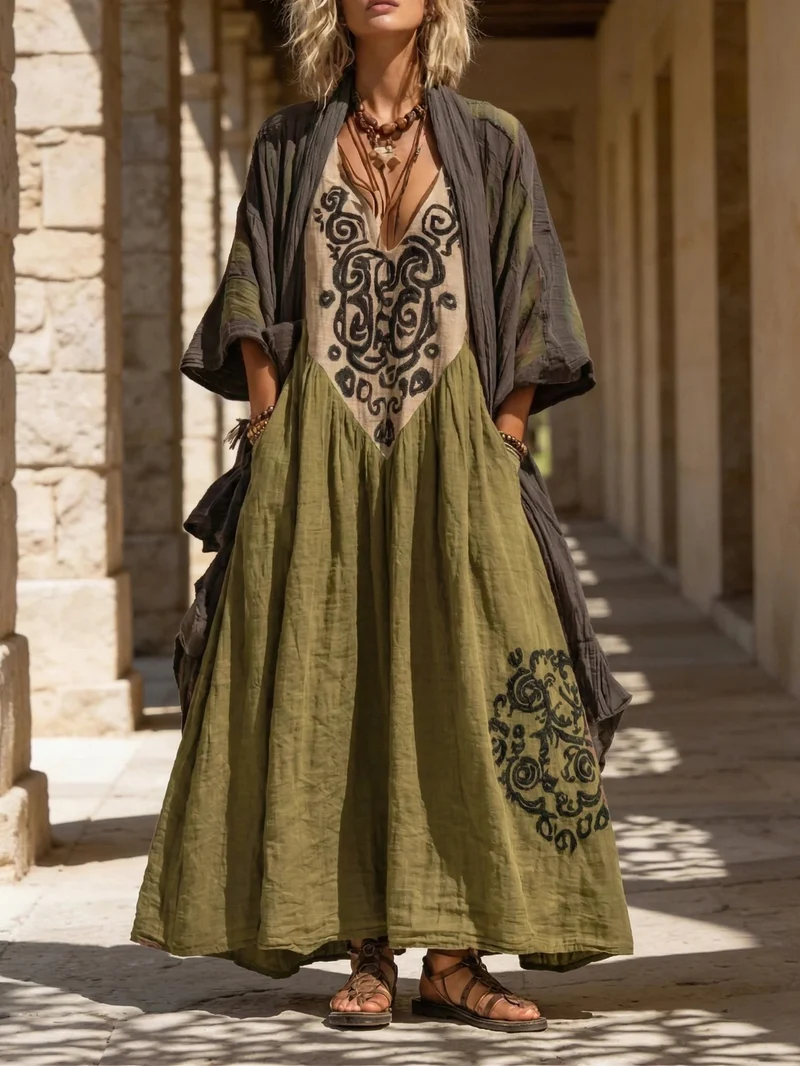 Entspanntes Bohemian Leinen-Baumwoll-Zweiteiler-Outfit