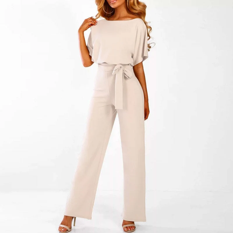 Weites Bein Jumpsuit Damen – Gürtel & Kurzarm