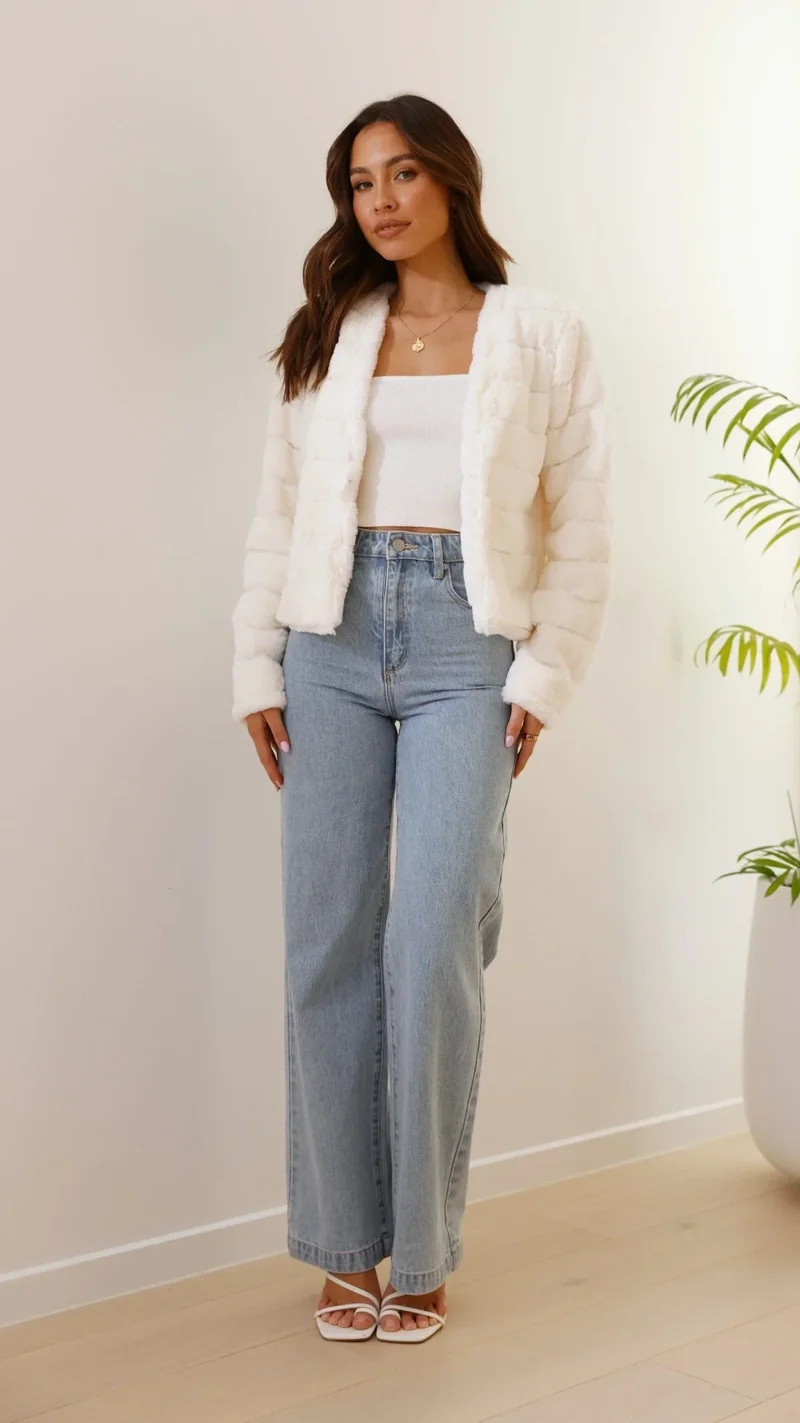 Kurze Damen-Übergangsjacke aus Kunstfell mit offenem Kragen