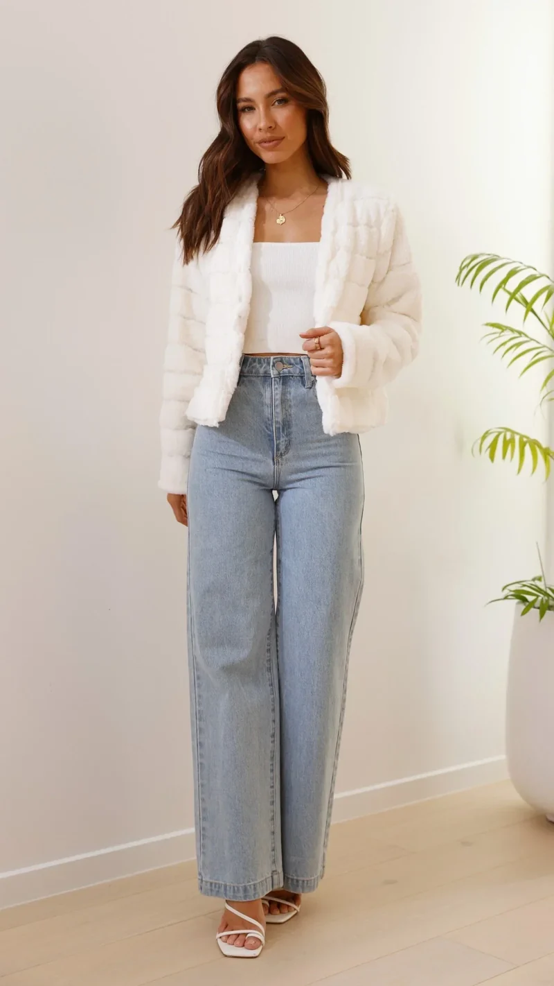 Kurze Damen-Übergangsjacke aus Kunstfell mit offenem Kragen