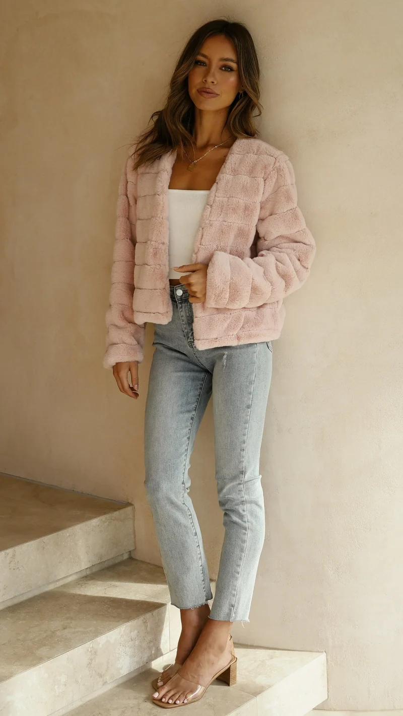 Kurze Damen-Übergangsjacke aus Kunstfell mit offenem Kragen