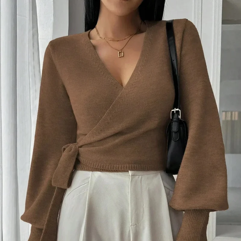 Damen Wickelpullover mit Bindegürtel – Übergangsjacke