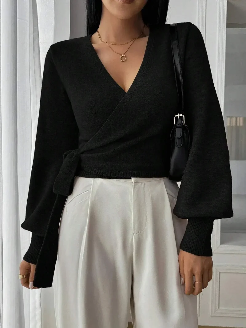 Damen Wickelpullover mit Bindegürtel – Übergangsjacke