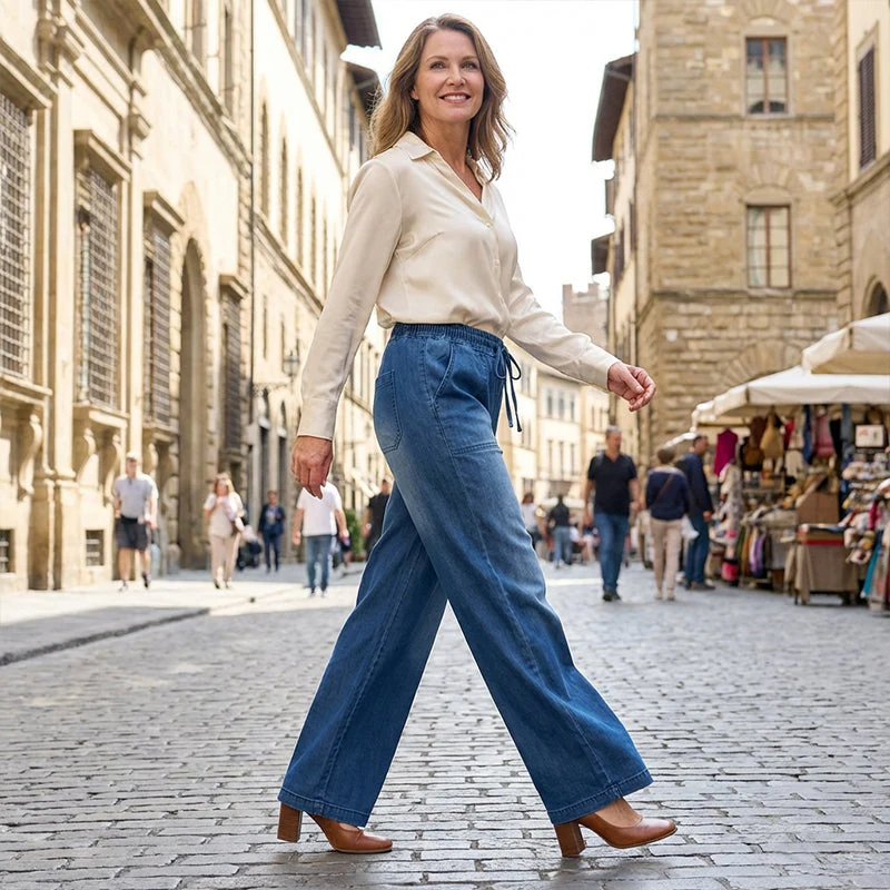 Verstellbare Kordelzug Taille Weite Bein Jeans für Frauen