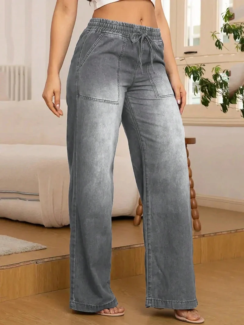 Verstellbare Kordelzug Taille Weite Bein Jeans für Frauen