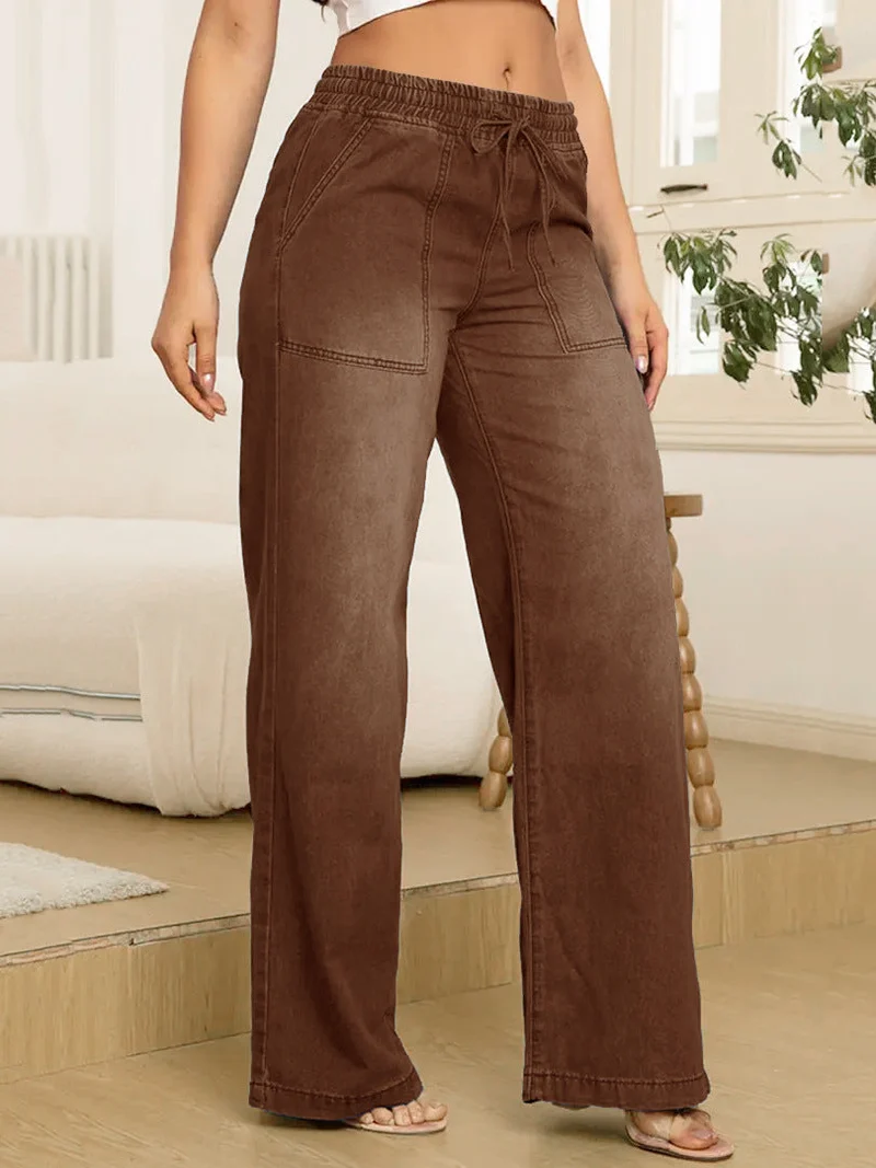Verstellbare Kordelzug Taille Weite Bein Jeans für Frauen