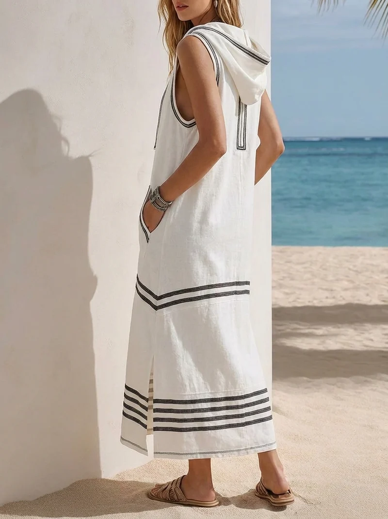 Gestreiftes Ärmelloses Kapuzen-Maxikleid - Ideal für Segelausflüge
