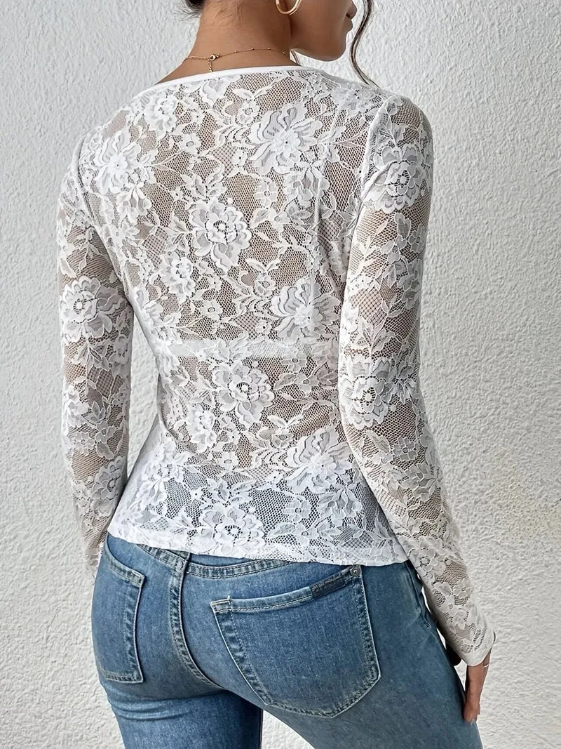 Elegantes Spitzen-Kleid Damen Langarm V-Ausschnitt
