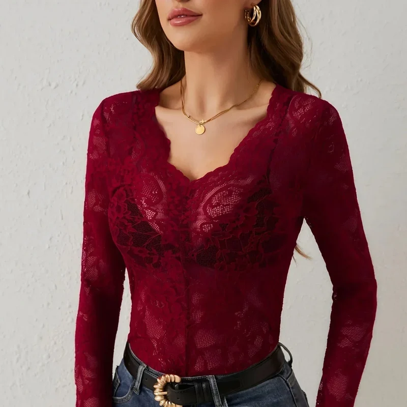 Elegantes Spitzen-Kleid Damen Langarm V-Ausschnitt