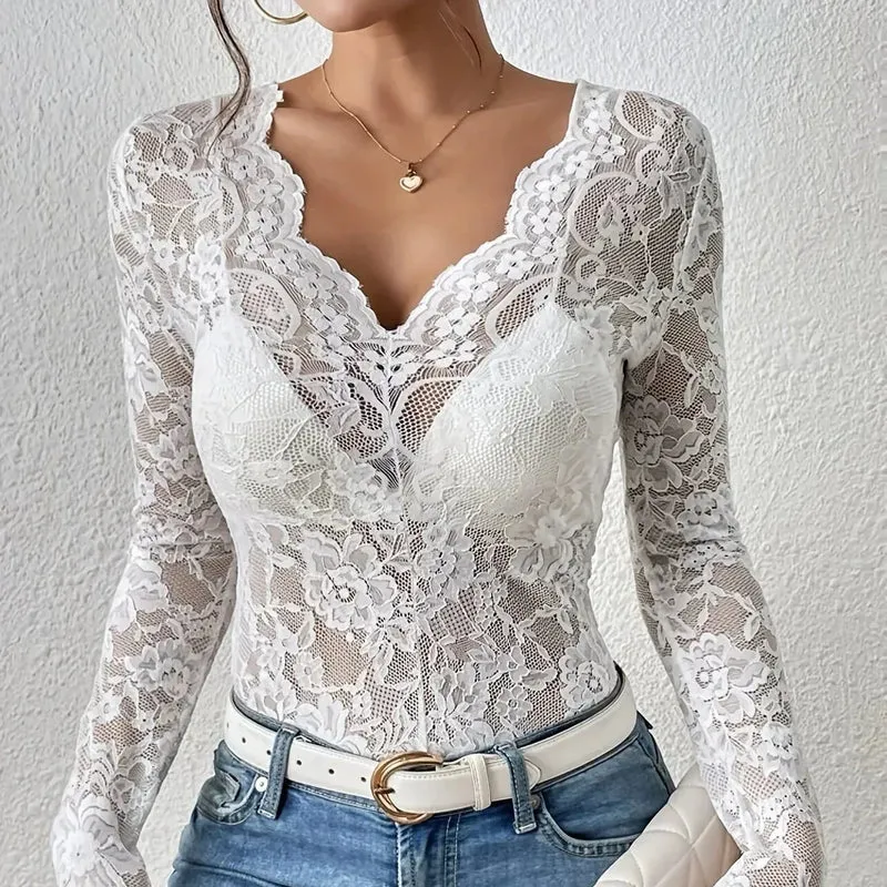 Elegantes Spitzen-Kleid Damen Langarm V-Ausschnitt