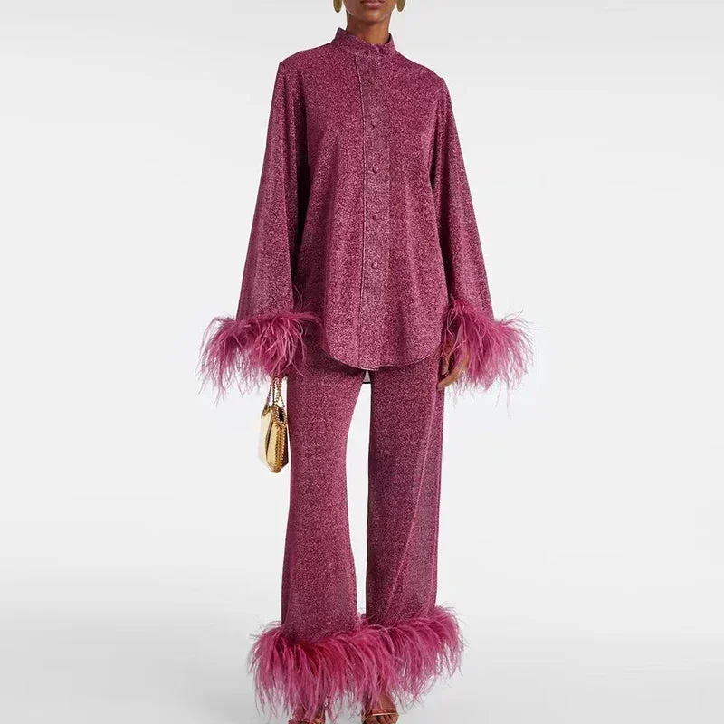 Glitzer Abendkleid Set mit Federärmeln & Hosenbeinen