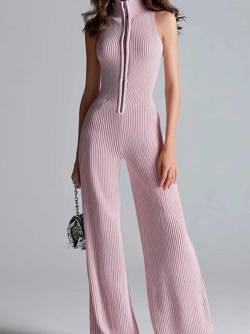 ElevenOra Stilvoller Pinker Ärmelloser Jumpsuit mit Stehkragen, Reißverschluss vorne, Tailliertem Bund und Weitem Bein im Ribstrickdesign