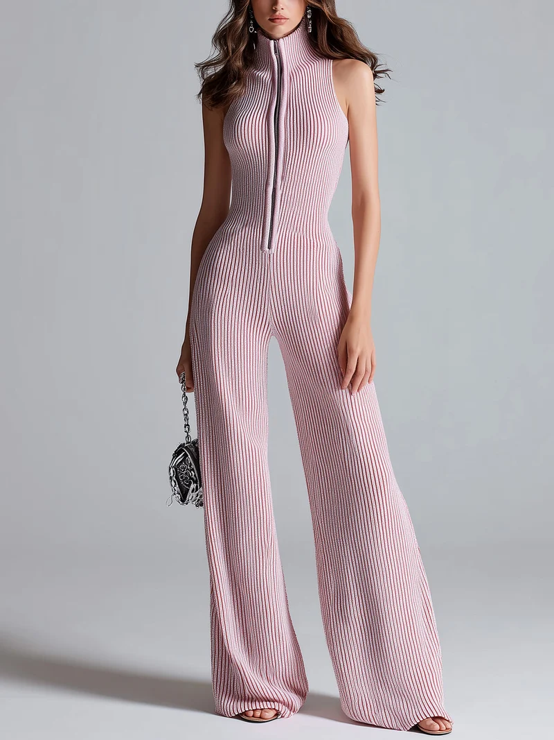 ElevenOra Stilvoller Pinker Ärmelloser Jumpsuit mit Stehkragen, Reißverschluss vorne, Tailliertem Bund und Weitem Bein im Ribstrickdesign