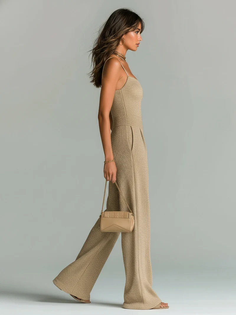 ElevenOra Stilvolles Kamel Strappy Ärmelloses Tailliertes Weites Bein Geripptes Strick-Jumpsuit