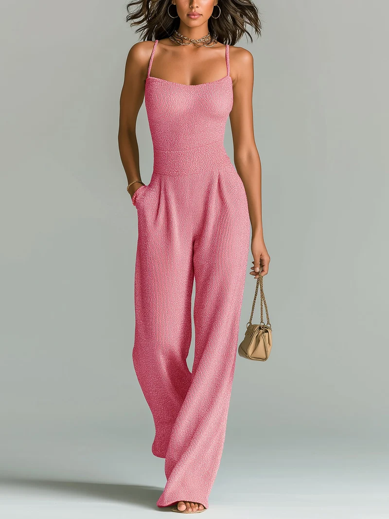ElevenOra Stilvolles Kamel Strappy Ärmelloses Tailliertes Weites Bein Geripptes Strick-Jumpsuit