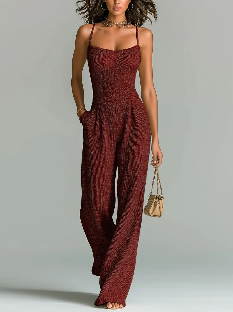 ElevenOra Stilvolles Kamel Strappy Ärmelloses Tailliertes Weites Bein Geripptes Strick-Jumpsuit