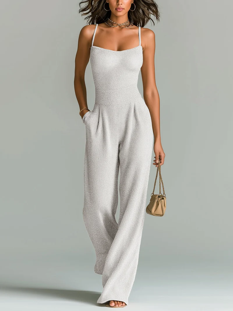 ElevenOra Stilvolles Kamel Strappy Ärmelloses Tailliertes Weites Bein Geripptes Strick-Jumpsuit