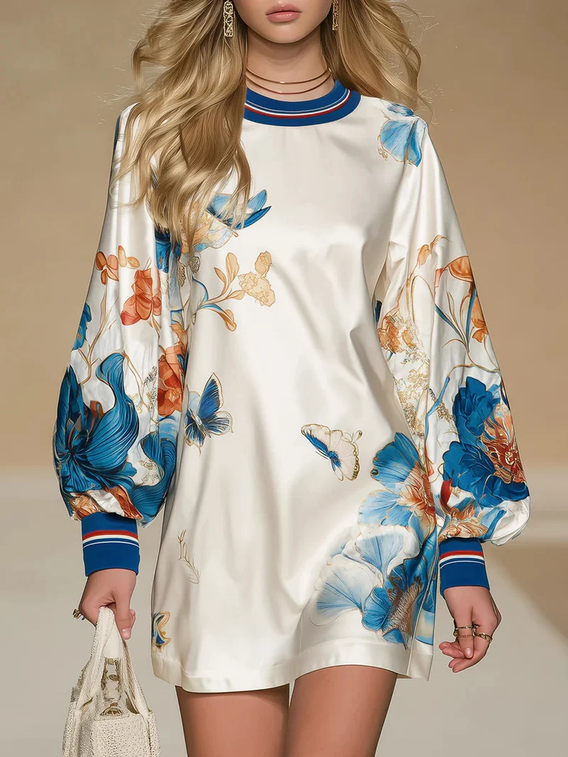 Retro Floral Satin Mini-Kleid mit von Gericht inspiriertem Design