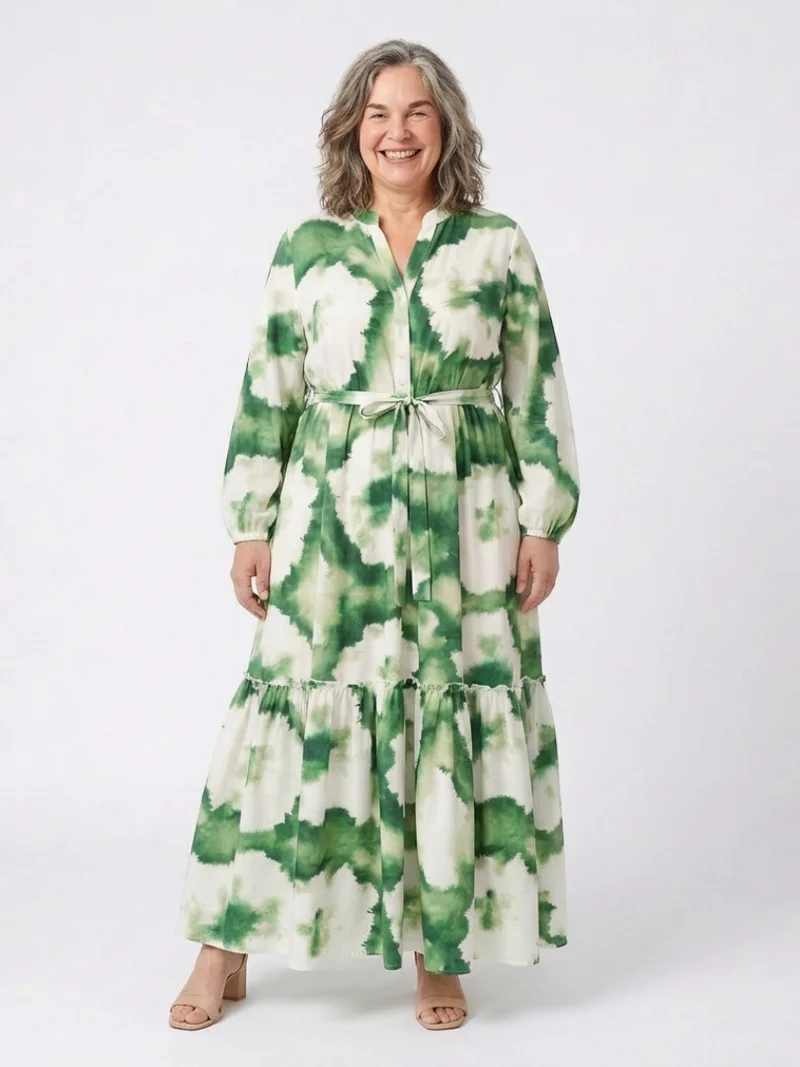 Sabine | Langärmliges Maxikleid mit Taillenknoten und Stufenrock
