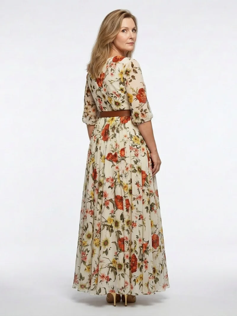 Odelia | Maxikleid mit Rundhalsausschnitt und drei Viertel Ärmeln, mit Gürtel