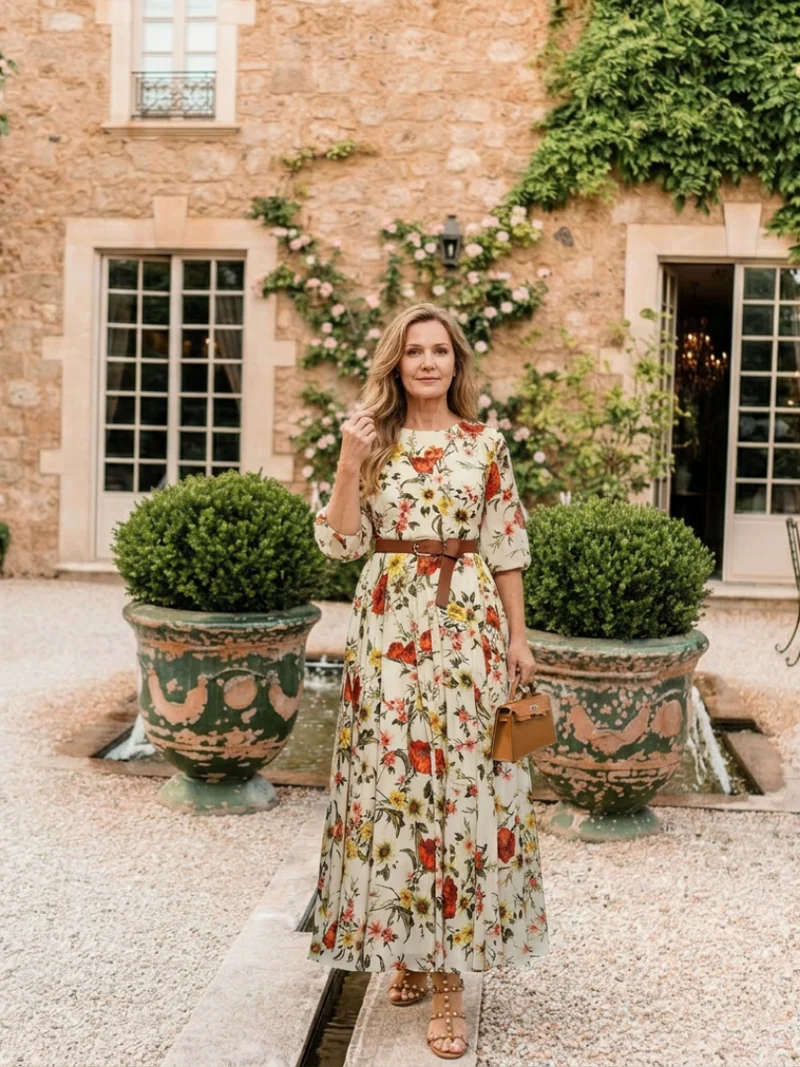 Odelia | Maxikleid mit Rundhalsausschnitt und drei Viertel Ärmeln, mit Gürtel