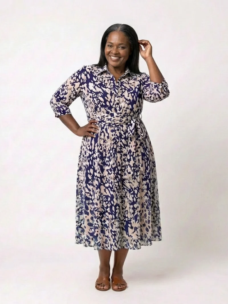 Oriana | Midi-Kleid mit Kragen, langen Ärmeln und Taillengürtel
