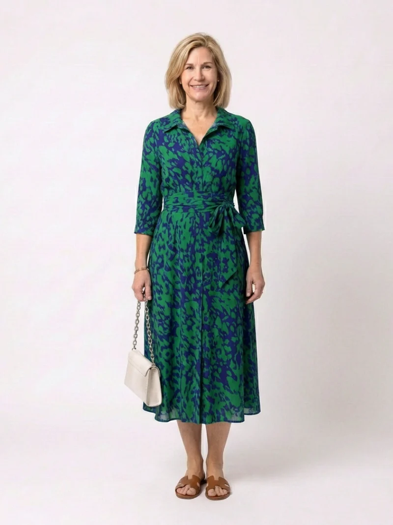 Oriana | Midi-Kleid mit Kragen, langen Ärmeln und Taillengürtel
