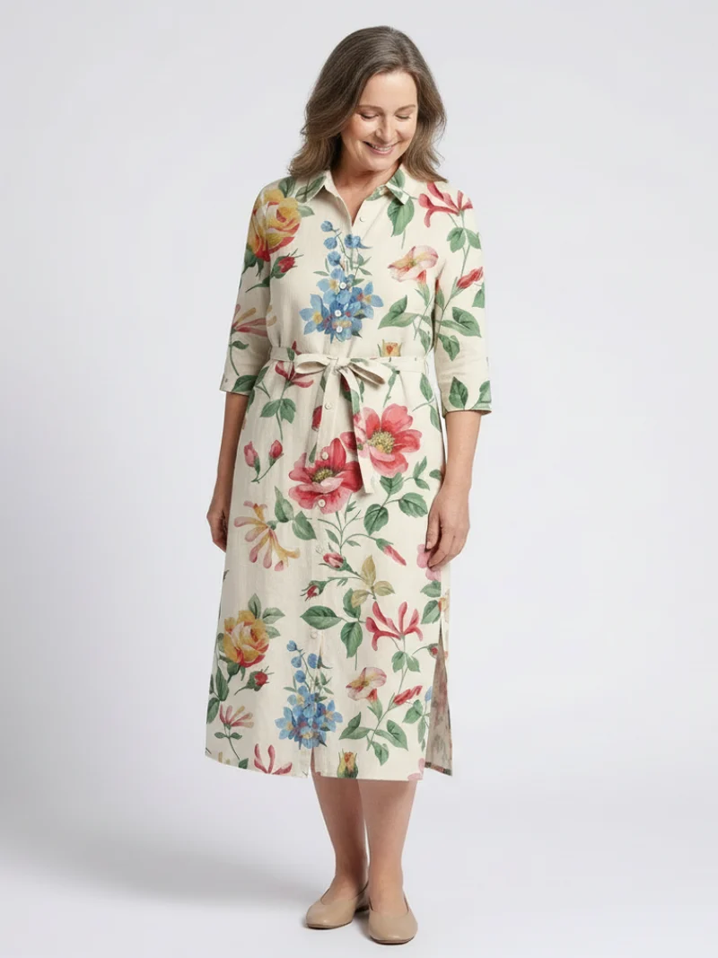 Maribel | Knopf-Front Halbarm Blumen-Midi-Kleid
