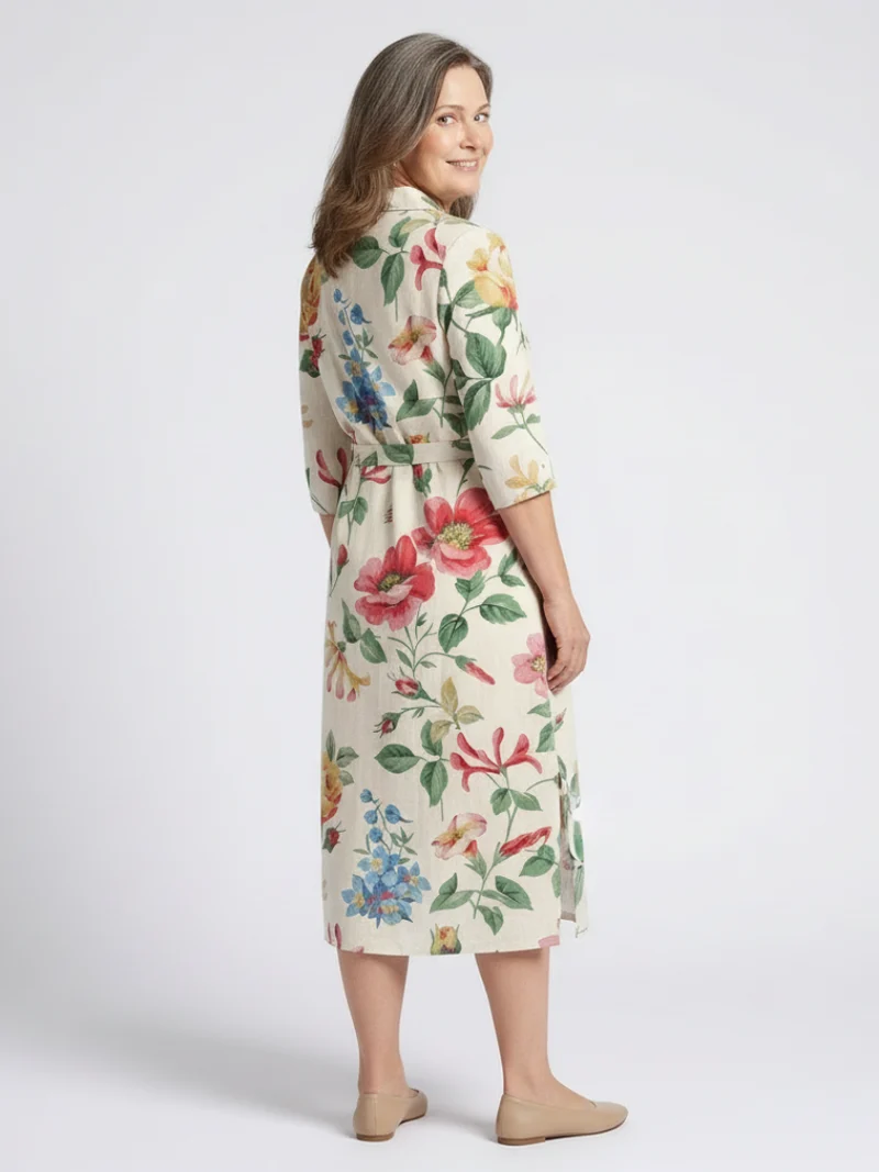 Maribel | Knopf-Front Halbarm Blumen-Midi-Kleid