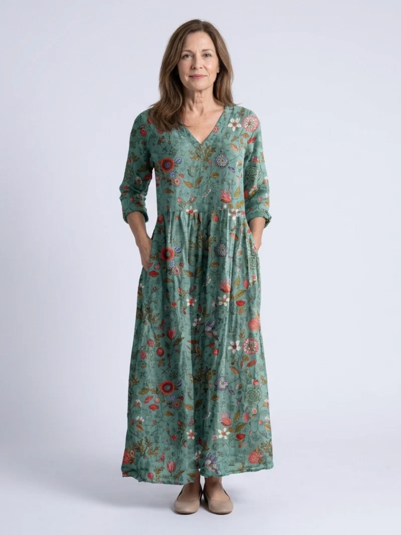 Marina | Floral V-Ausschnitt Maxikleid mit Dreiviertelärmeln