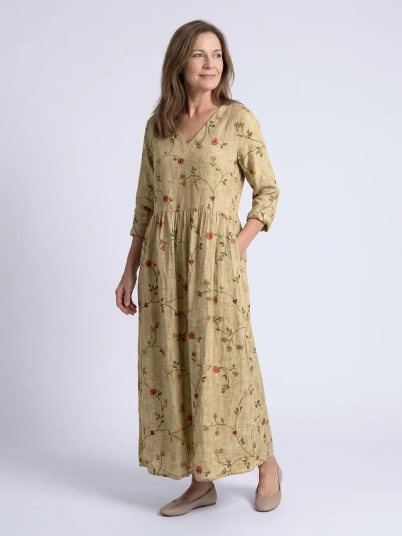 Marina | Floral V-Ausschnitt Maxikleid mit Dreiviertelärmeln