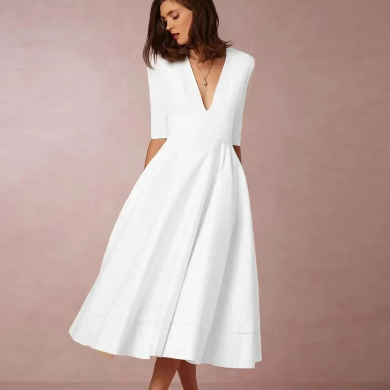 Midi-Kleid mit V-Ausschnitt, 3/4-Ärmeln & Taschen – A-Linie