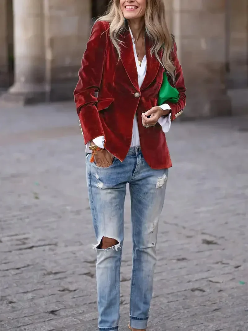 Slim-Fit-Blazer aus Samt für Damen mit Zierknöpfen