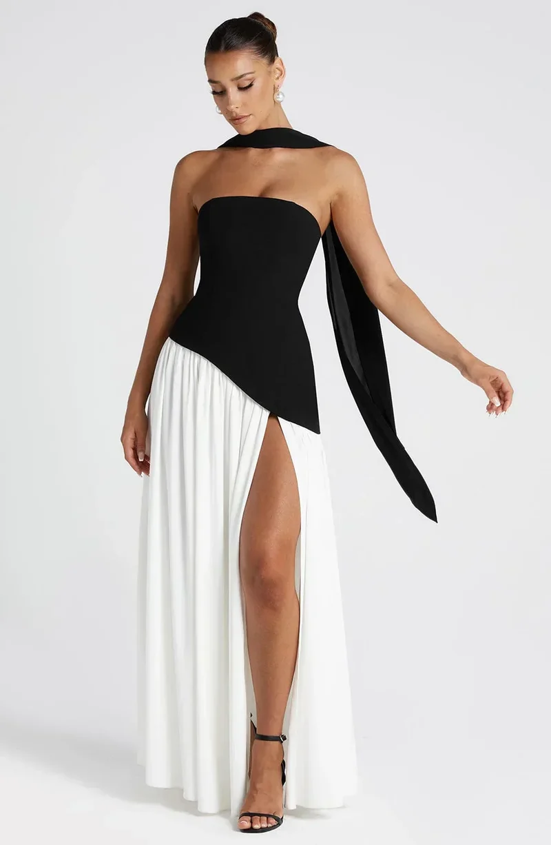 Maxikleid für Damen im Korsettstil mit Schaldetail und hohem Schlitz