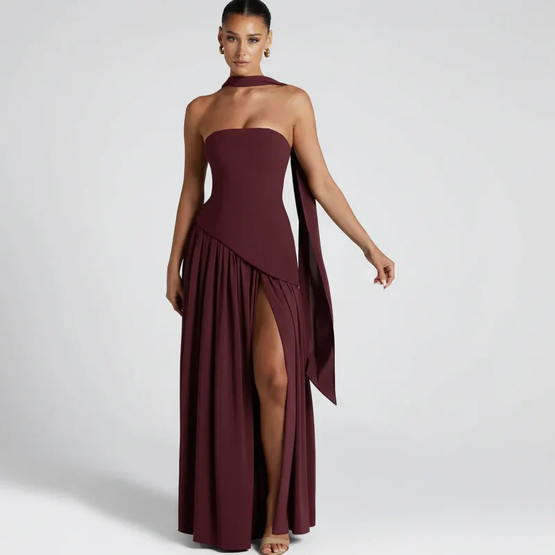 Maxikleid für Damen im Korsettstil mit Schaldetail und hohem Schlitz