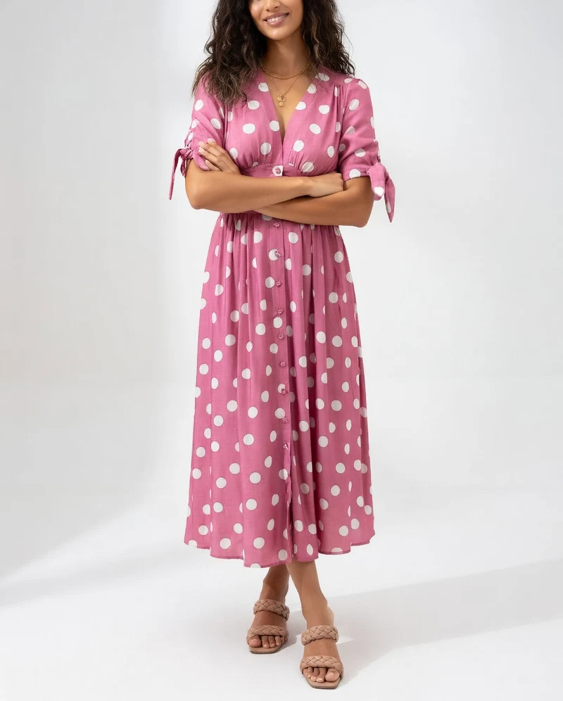 Fabienne - Elegantes Midi Kleid Mit Polka Dot Muster