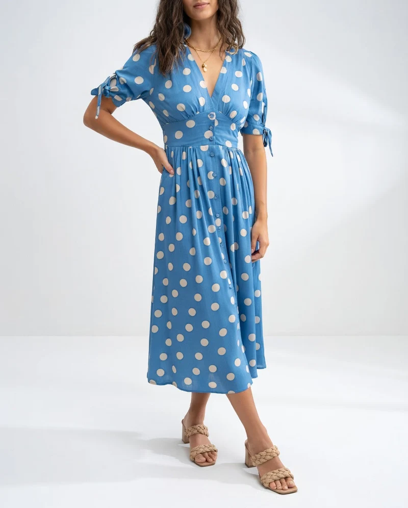 Fabienne - Elegantes Midi Kleid Mit Polka Dot Muster
