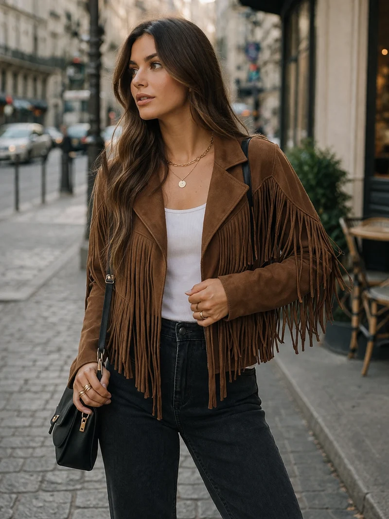 Braune Wildlederjacke mit Fransen für Damen