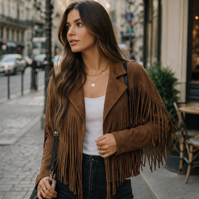 Braune Wildlederjacke mit Fransen für Damen
