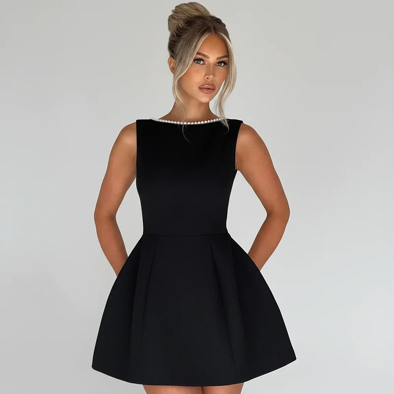 Rosa, ärmelloses A-Linien-Minikleid für Damen | Mit Perlenbesatz