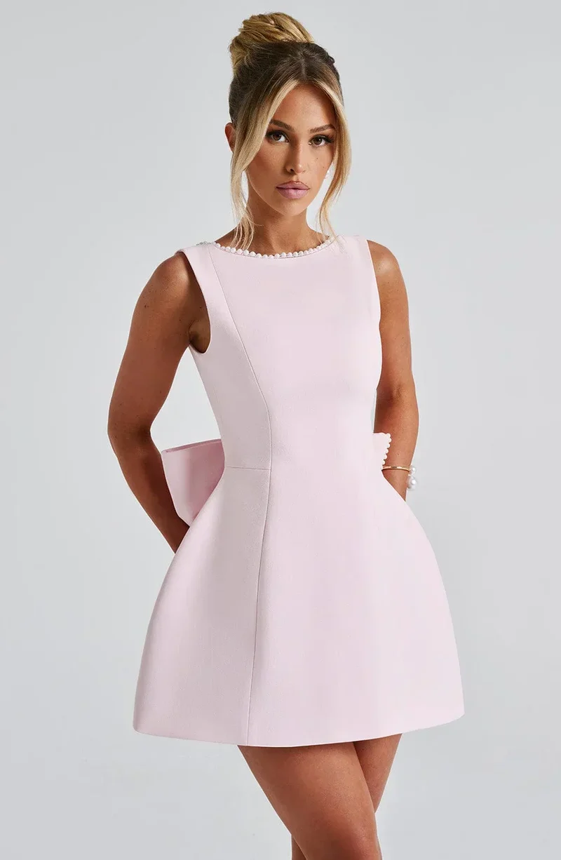 Rosa, ärmelloses A-Linien-Minikleid für Damen | Mit Perlenbesatz