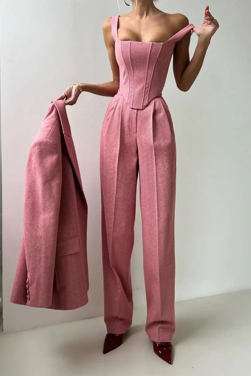 3-teiliges, tailliertes Set für Damen: Oberteil, Rock und Blazer