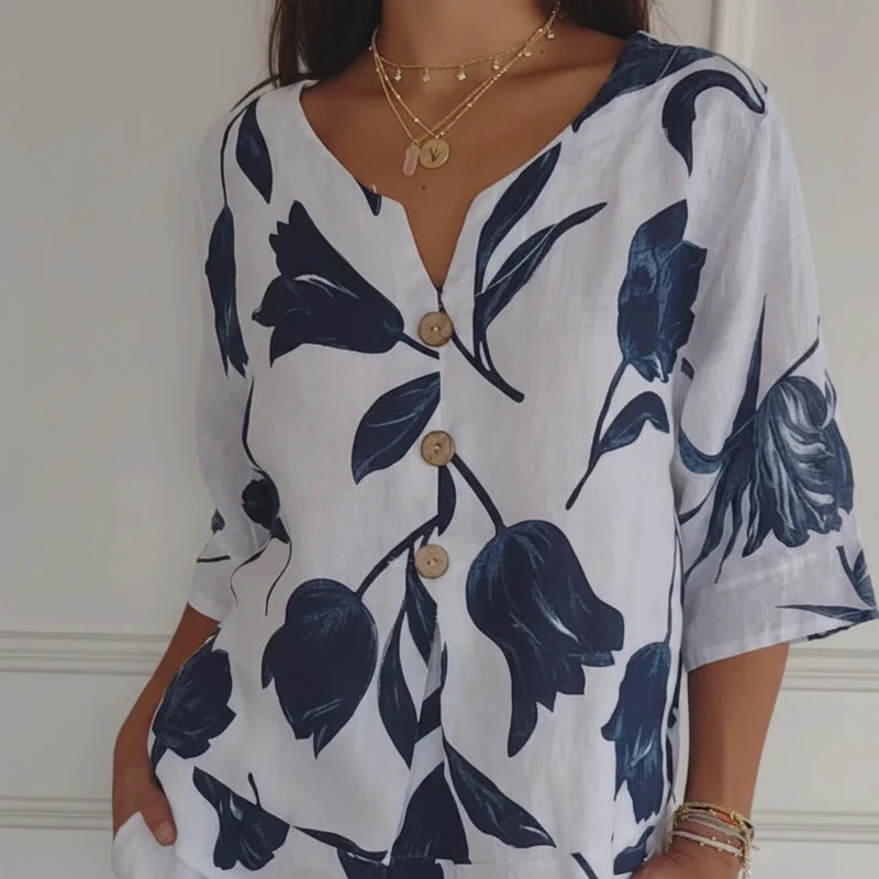 Lara Blumen V-Ausschnitt Bluse Damen | Elegant & Bequem